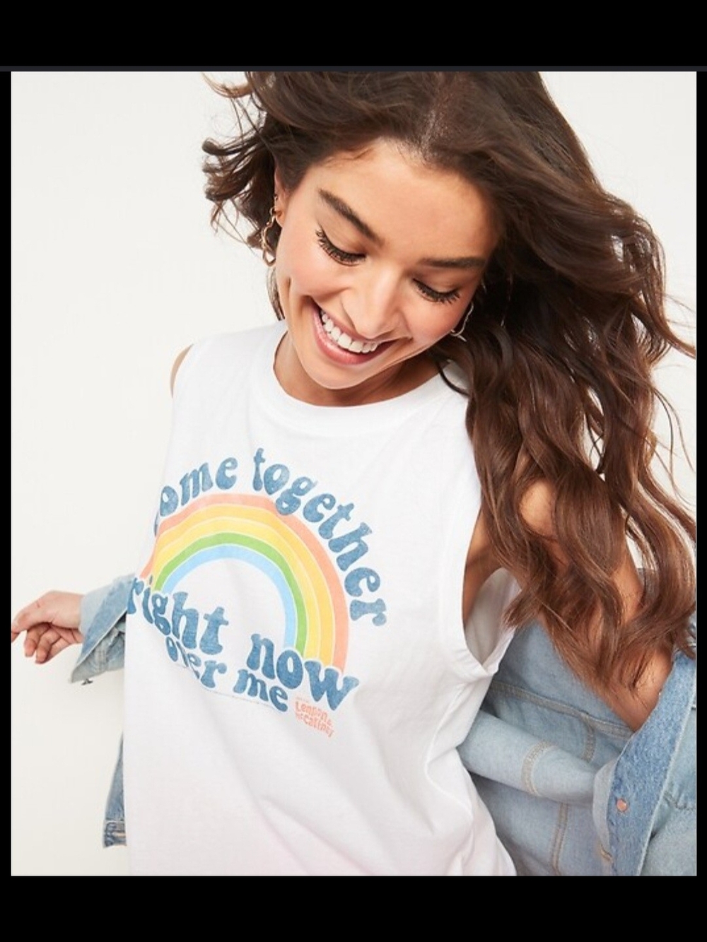 White Graphic Muscle Tank with Rainbow 'Come Together' Print Lyric